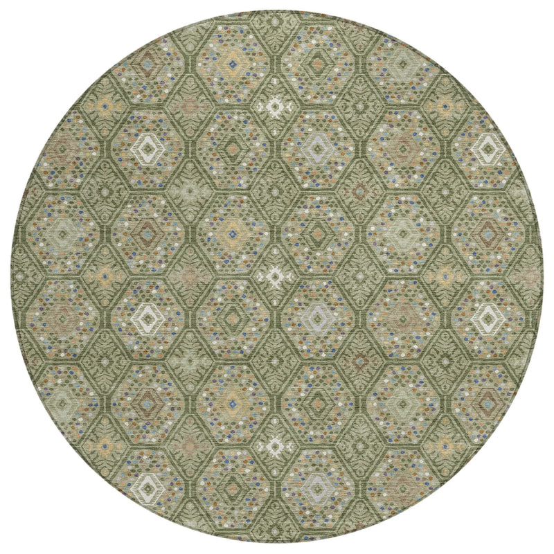 8' Sage And Green Round Geometric Washable Indoor Outdoor Area Rug Homeroots Outdoor