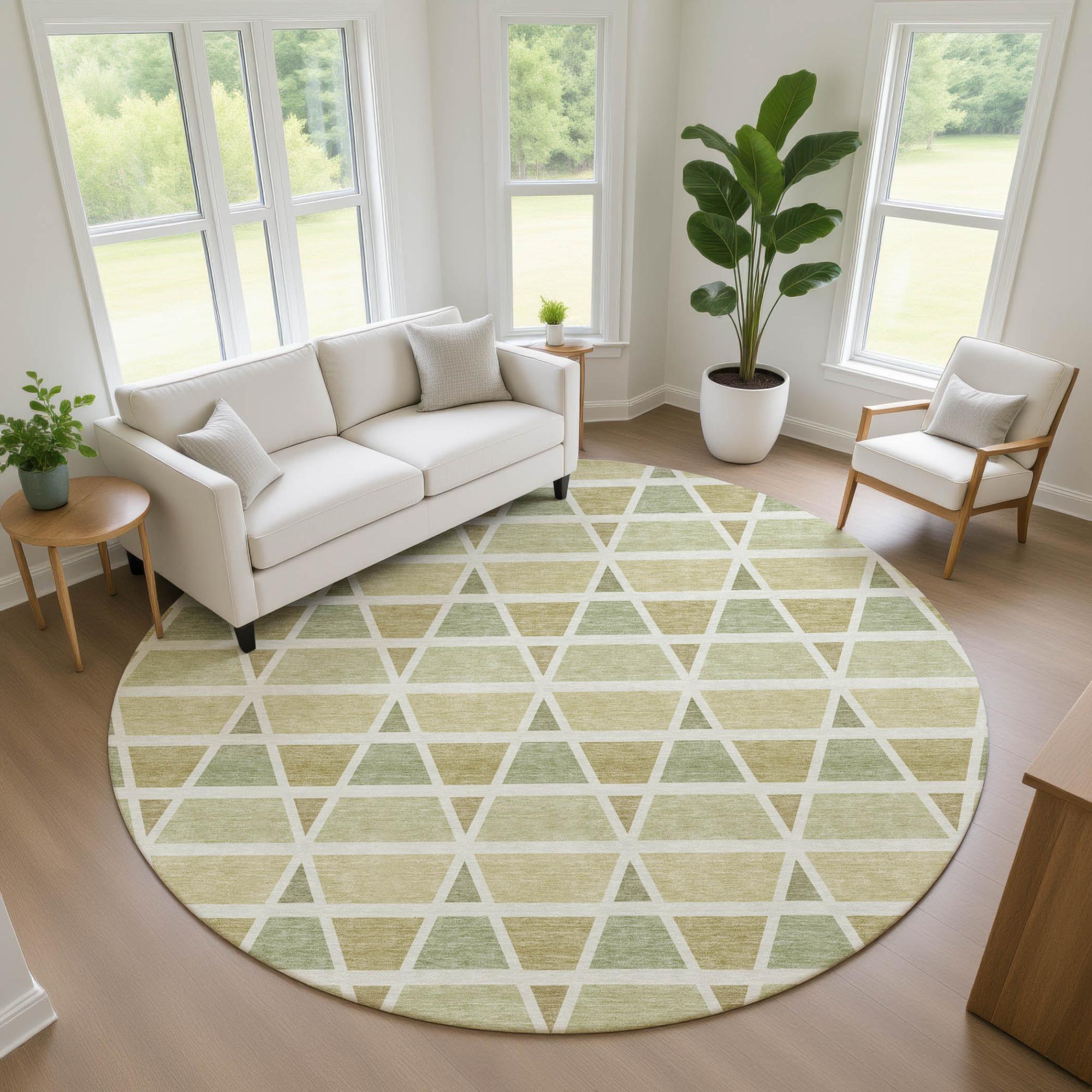 8' Sage And Green Round Geometric Washable Indoor Outdoor Area Rug Homeroots Outdoor