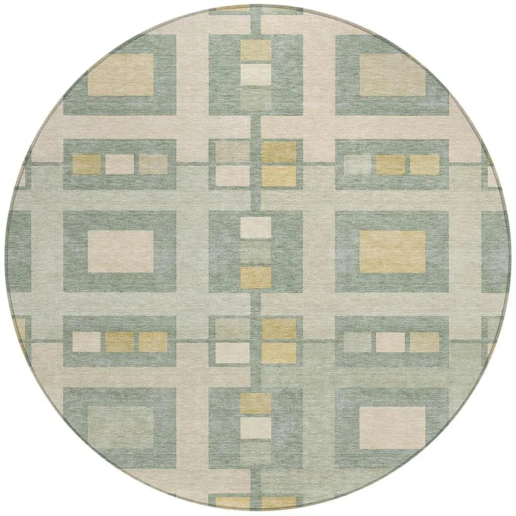 8' Sage And Green Round Geometric Washable Indoor Outdoor Area Rug Homeroots Outdoor