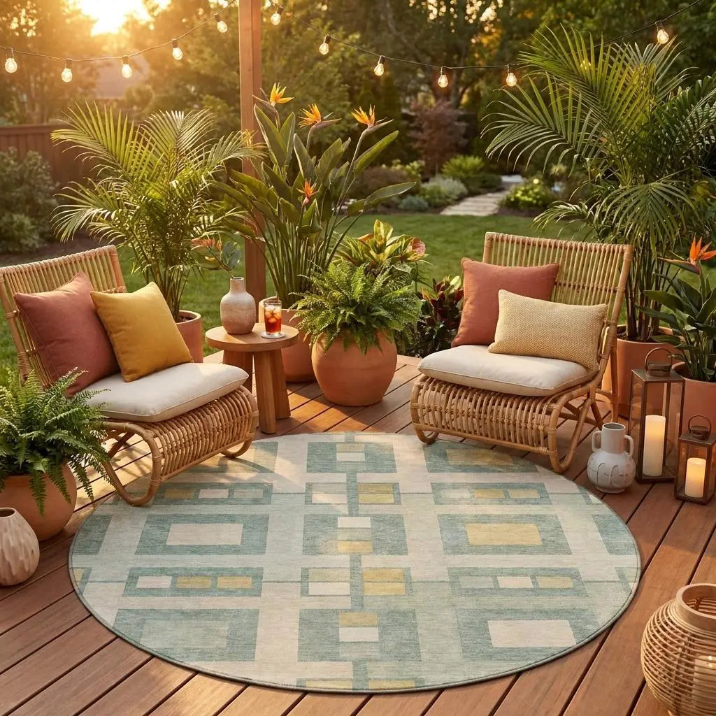 8' Sage And Green Round Geometric Washable Indoor Outdoor Area Rug Homeroots Outdoor