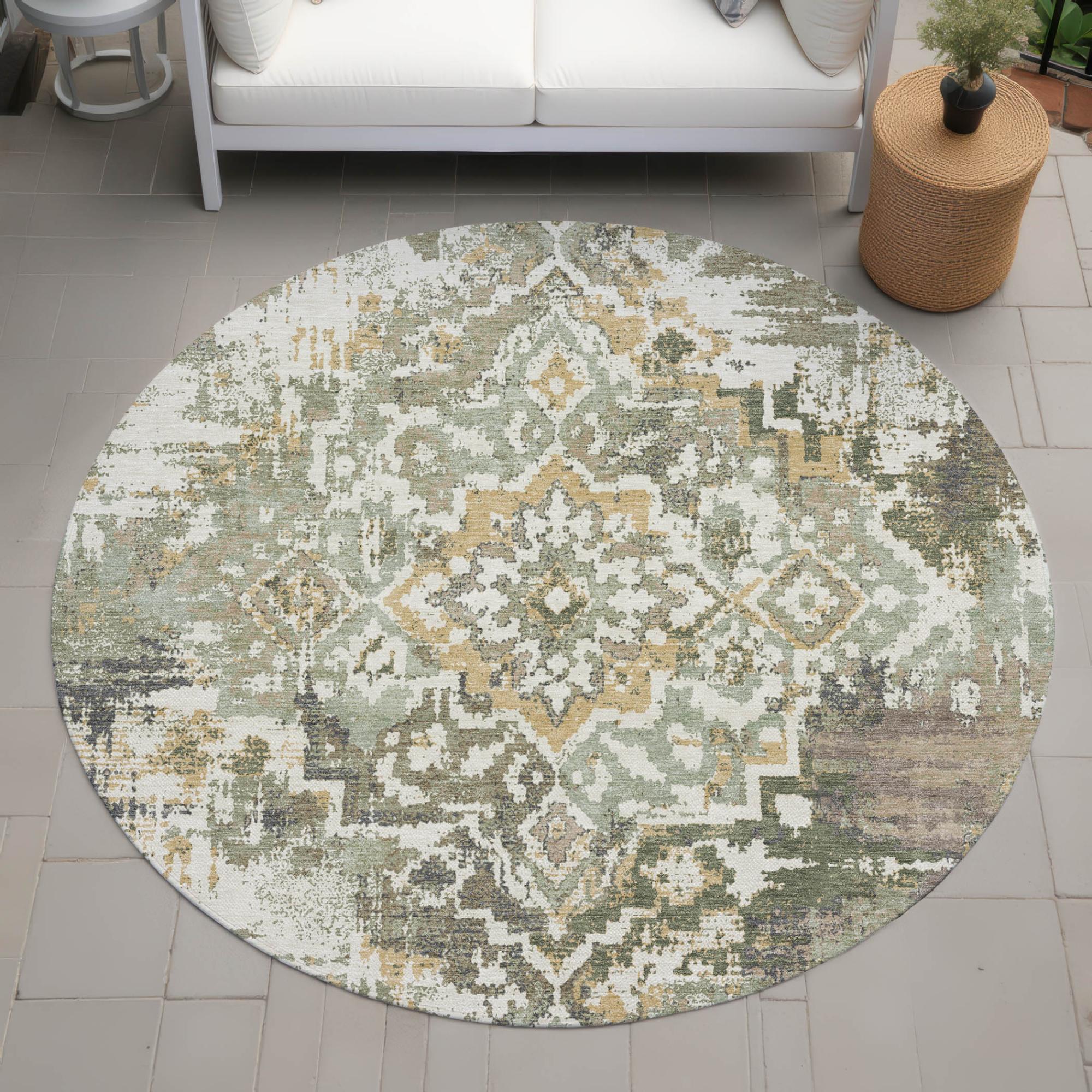 8' Sage And Green Round Medallion Washable Indoor Outdoor Area Rug Homeroots Outdoor