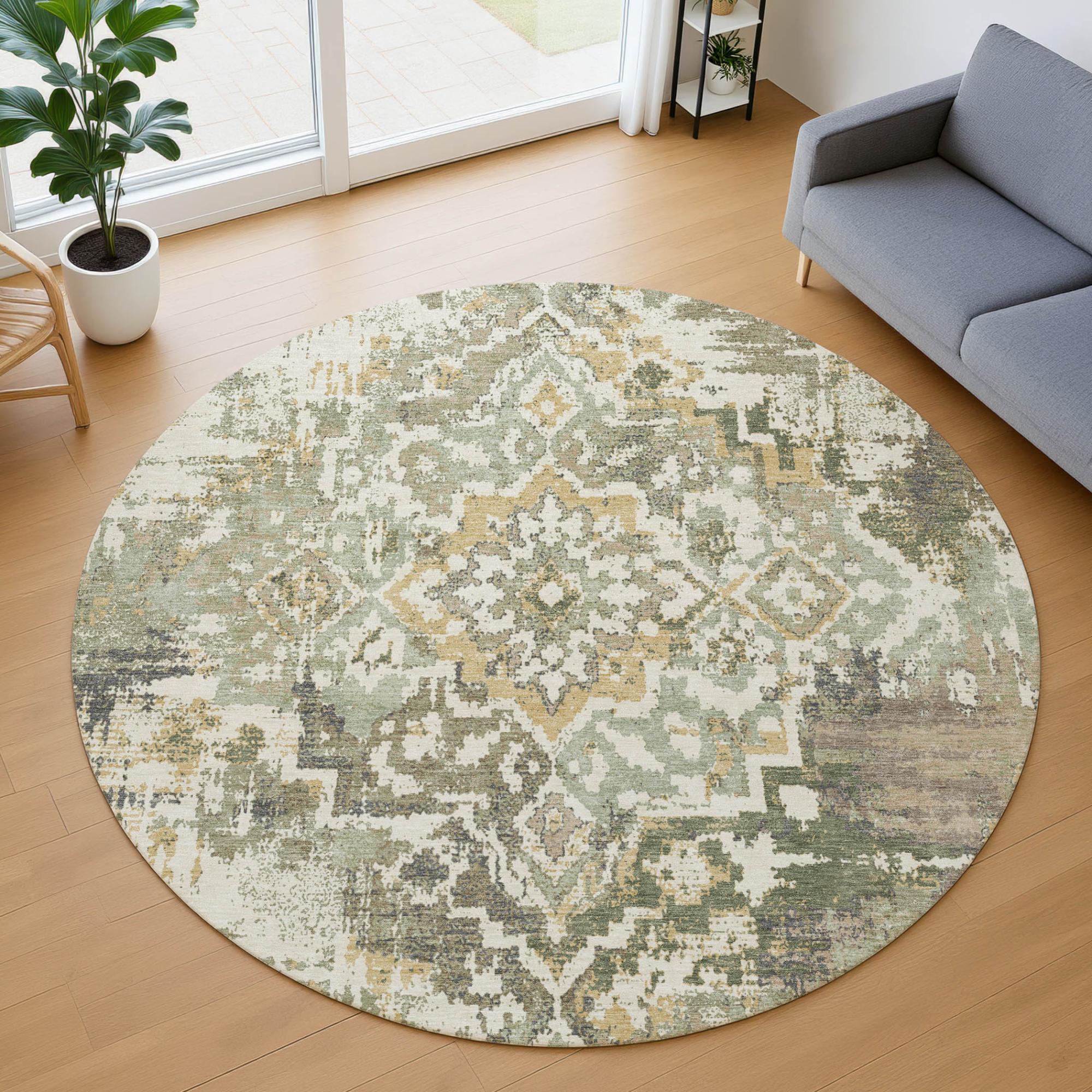 8' Sage And Green Round Medallion Washable Indoor Outdoor Area Rug Homeroots Outdoor