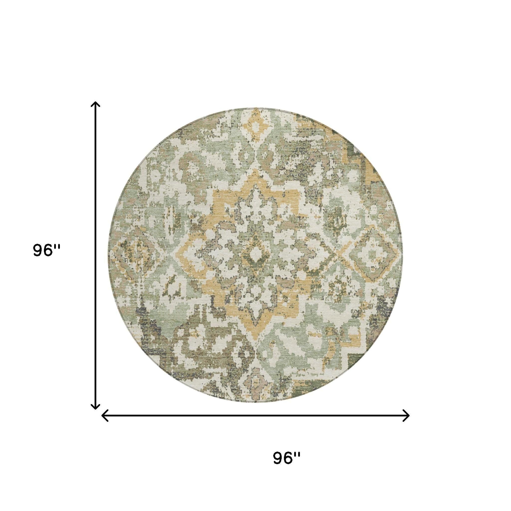 8' Sage And Green Round Medallion Washable Indoor Outdoor Area Rug Homeroots Outdoor