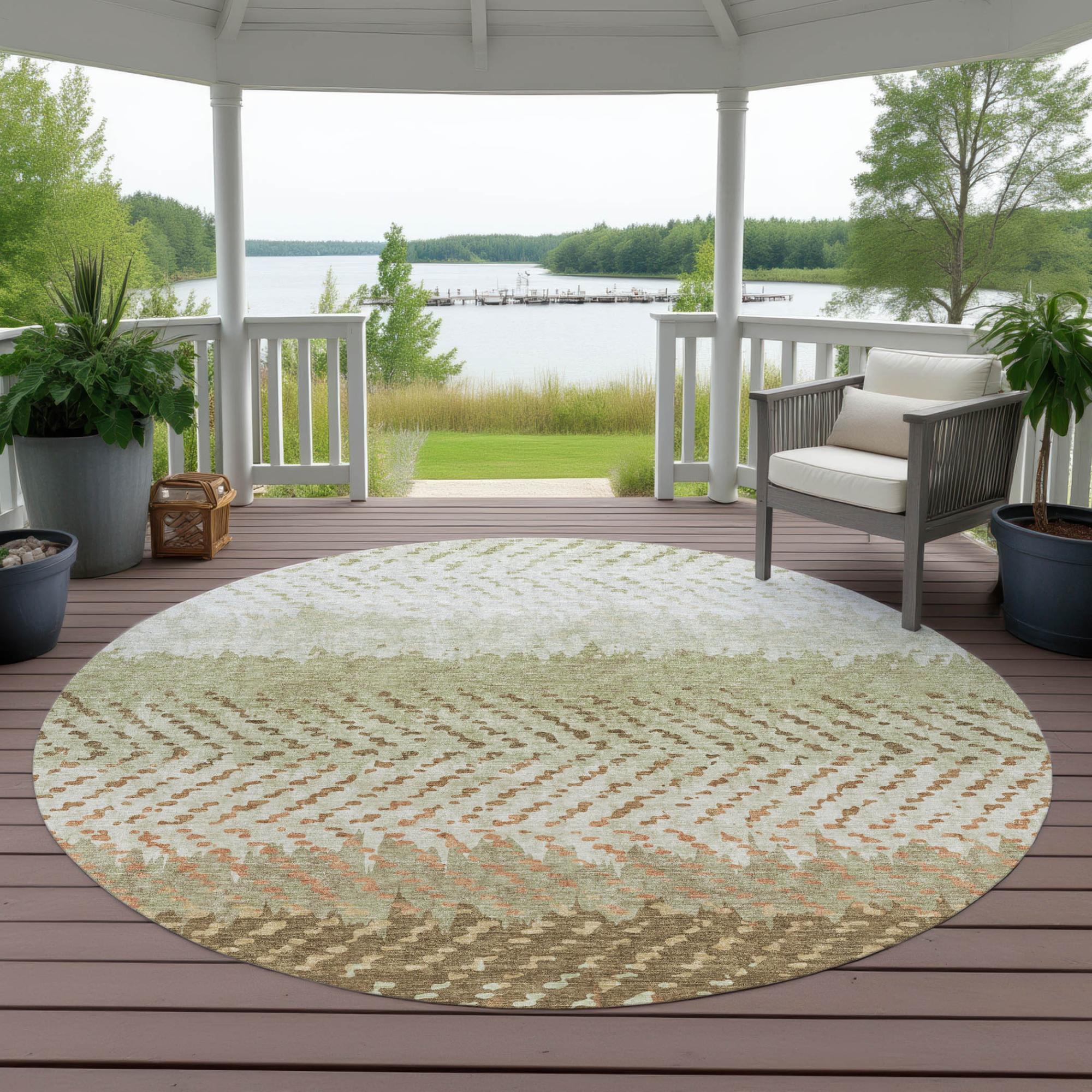 8' Sage And Green Round Striped Washable Indoor Outdoor Area Rug Homeroots Outdoor