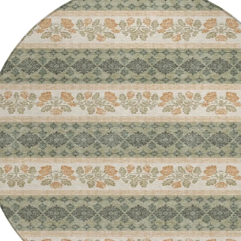 8' Sage And Ivory Round Striped Washable Indoor Outdoor Area Rug Homeroots Outdoor
