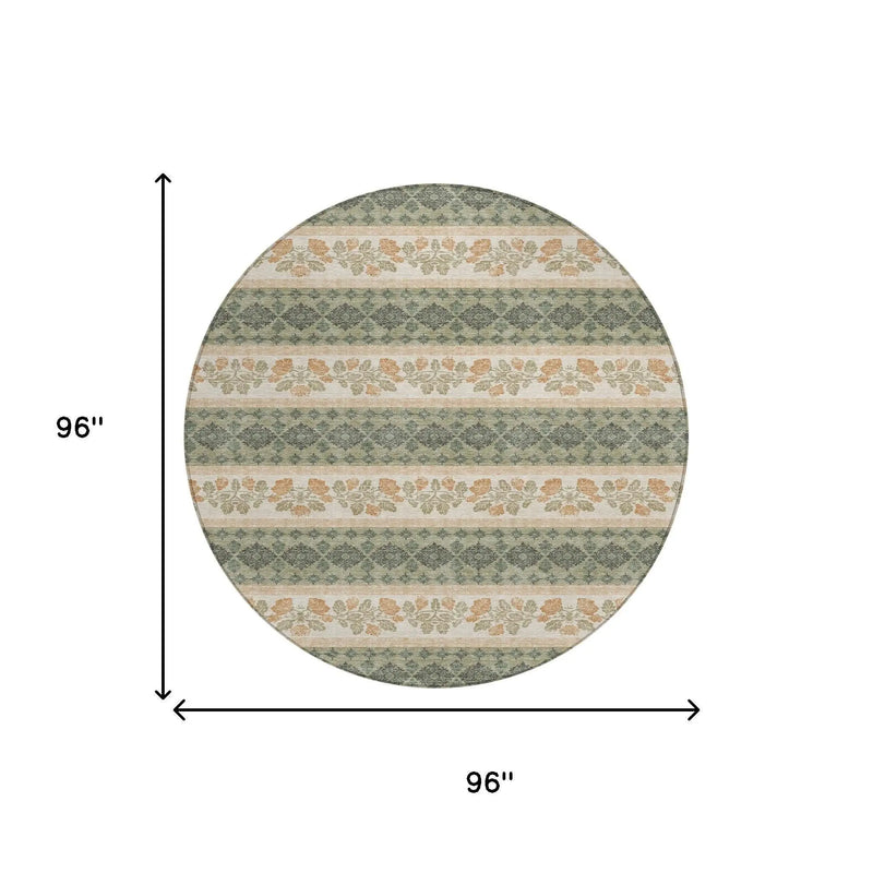 8' Sage And Ivory Round Striped Washable Indoor Outdoor Area Rug Homeroots Outdoor