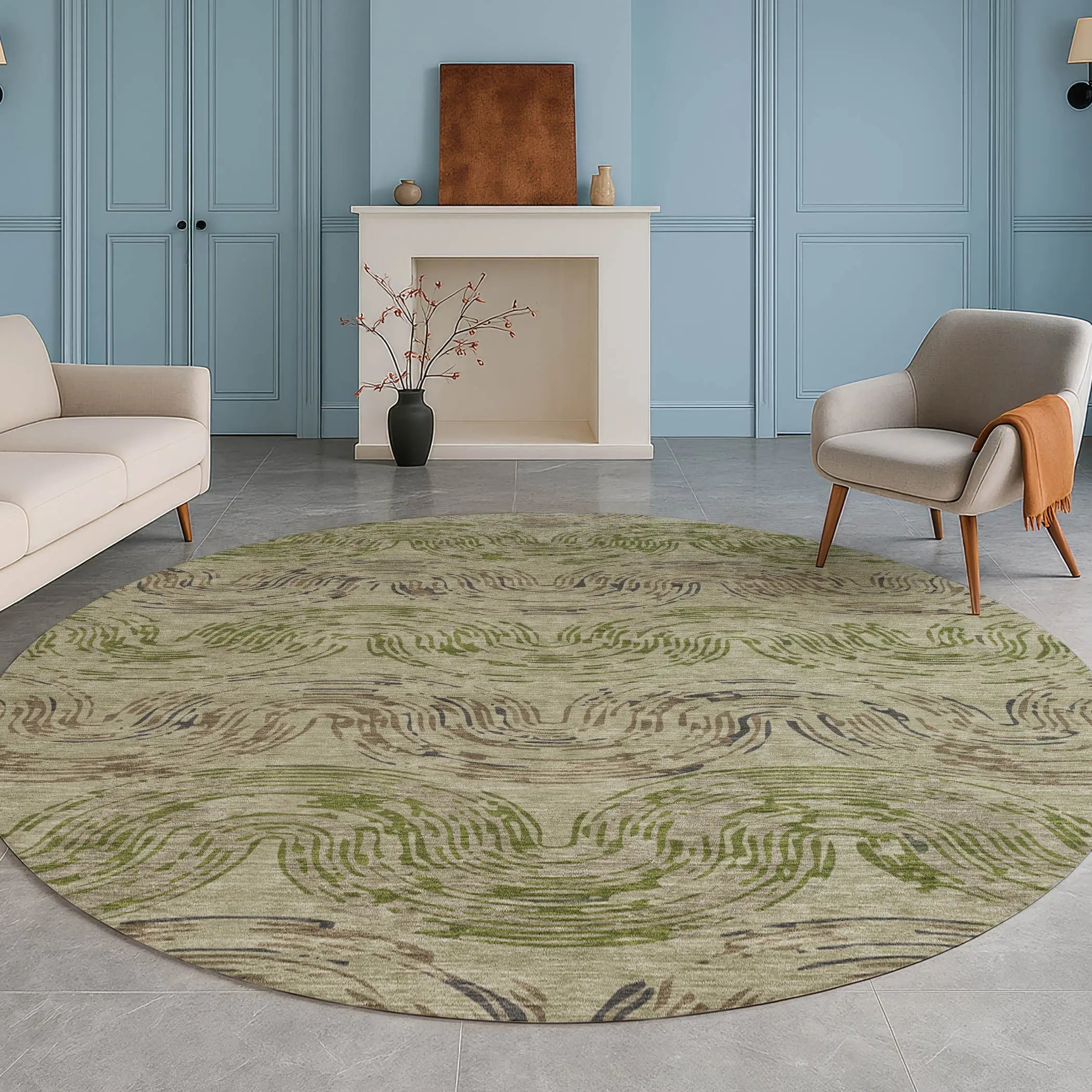 8' Sage And Olive Green Round Abstract Washable Indoor Outdoor Area Rug Homeroots Outdoor