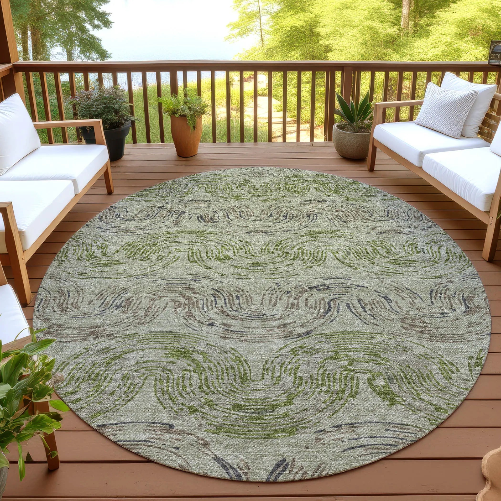 8' Sage And Olive Green Round Abstract Washable Indoor Outdoor Area Rug Homeroots Outdoor