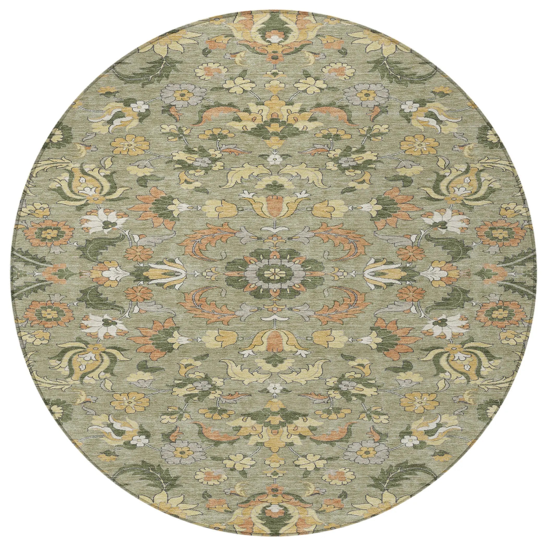 8' Sage And Olive Green Round Floral Medallion Washable Indoor Outdoor Area Rug Homeroots Outdoor