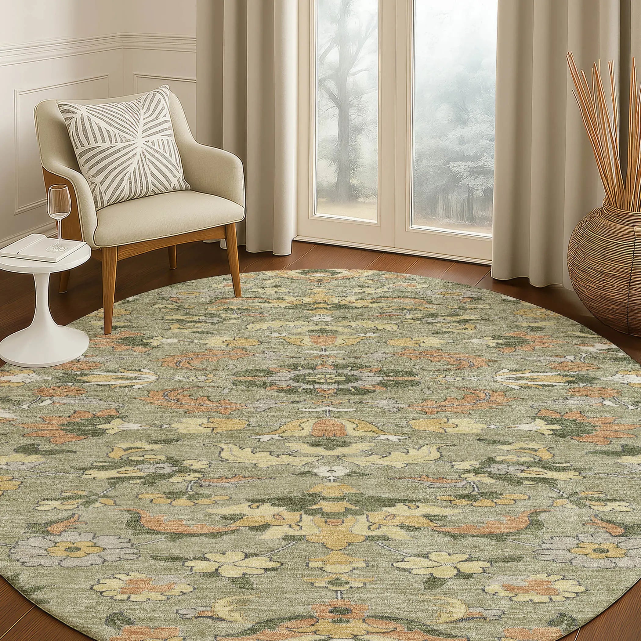 8' Sage And Olive Green Round Floral Medallion Washable Indoor Outdoor Area Rug Homeroots Outdoor
