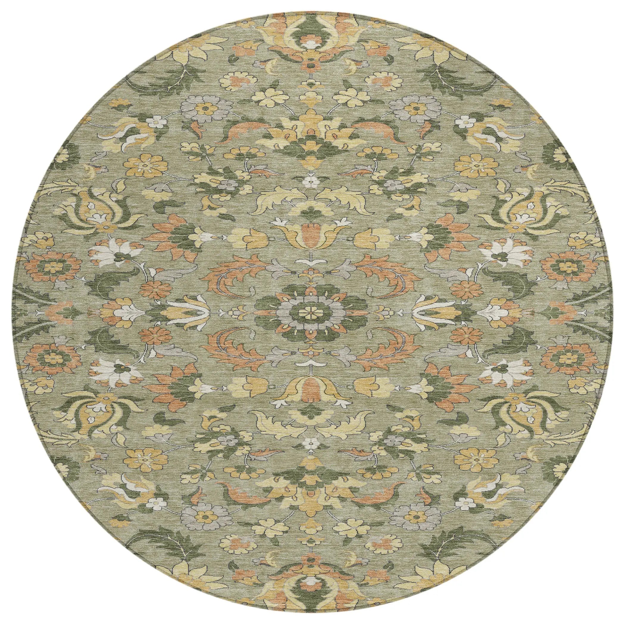 8' Sage And Olive Green Round Floral Medallion Washable Indoor Outdoor Area Rug Homeroots Outdoor