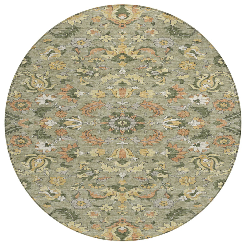 8' Sage And Olive Green Round Floral Medallion Washable Indoor Outdoor Area Rug Homeroots Outdoor
