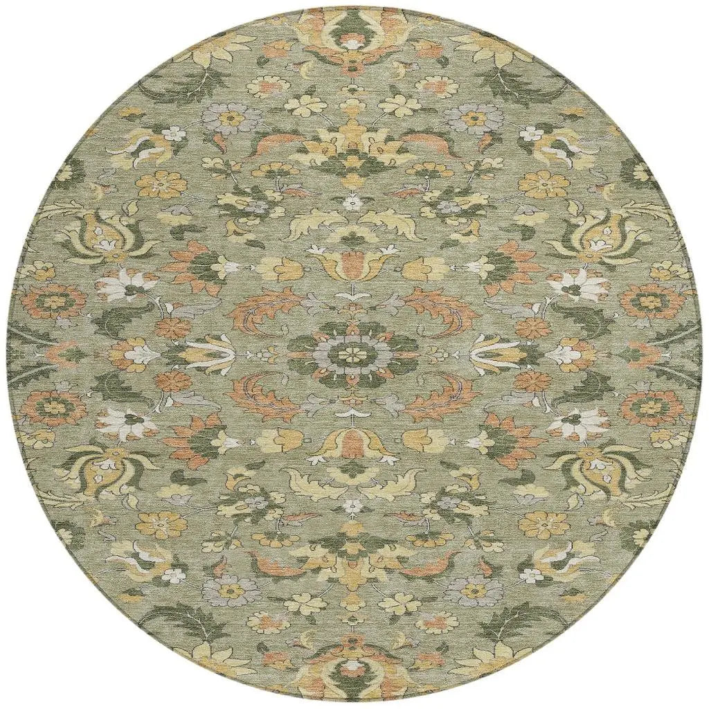 8' Sage And Olive Green Round Floral Medallion Washable Indoor Outdoor Area Rug Homeroots Outdoor