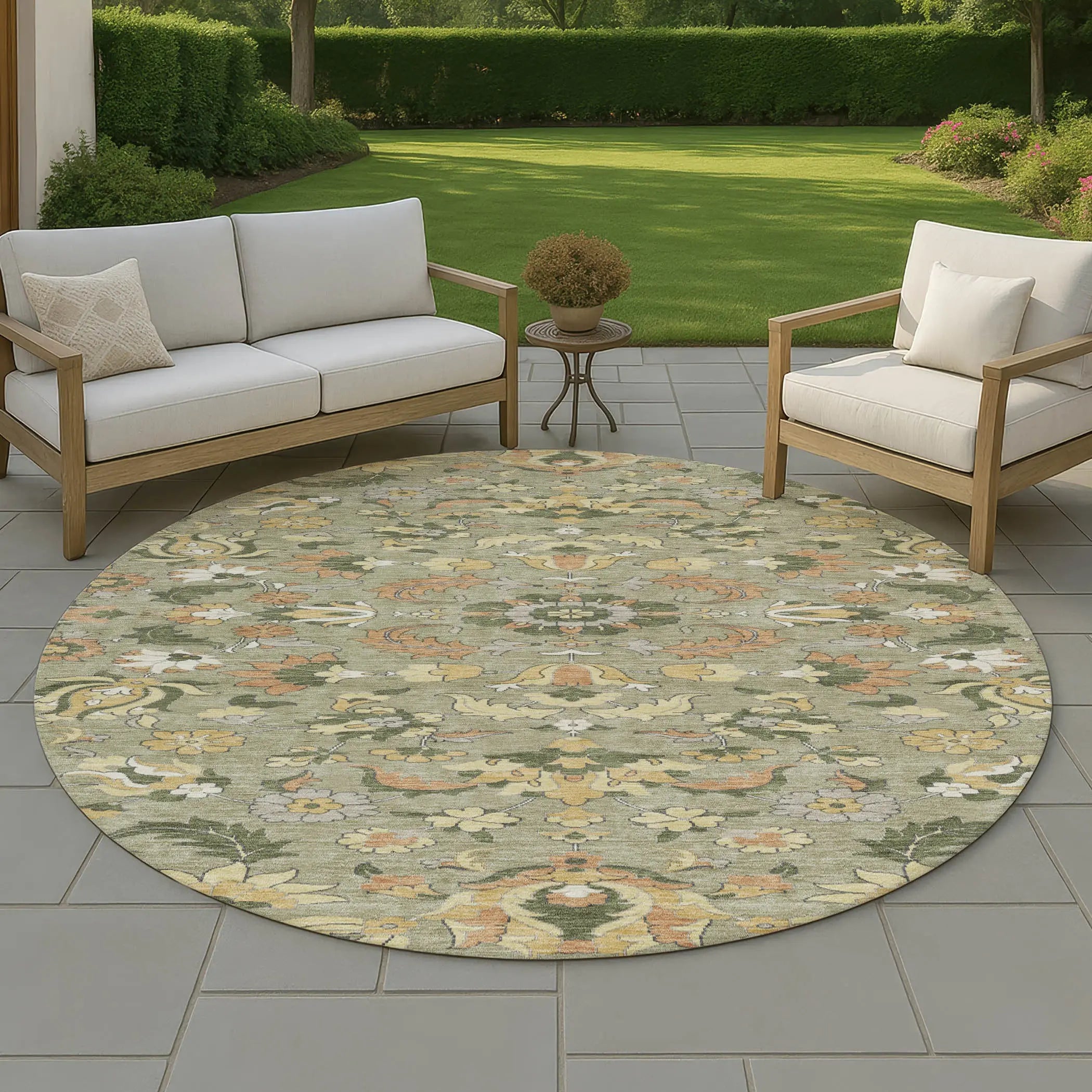 8' Sage And Olive Green Round Floral Medallion Washable Indoor Outdoor Area Rug Homeroots Outdoor