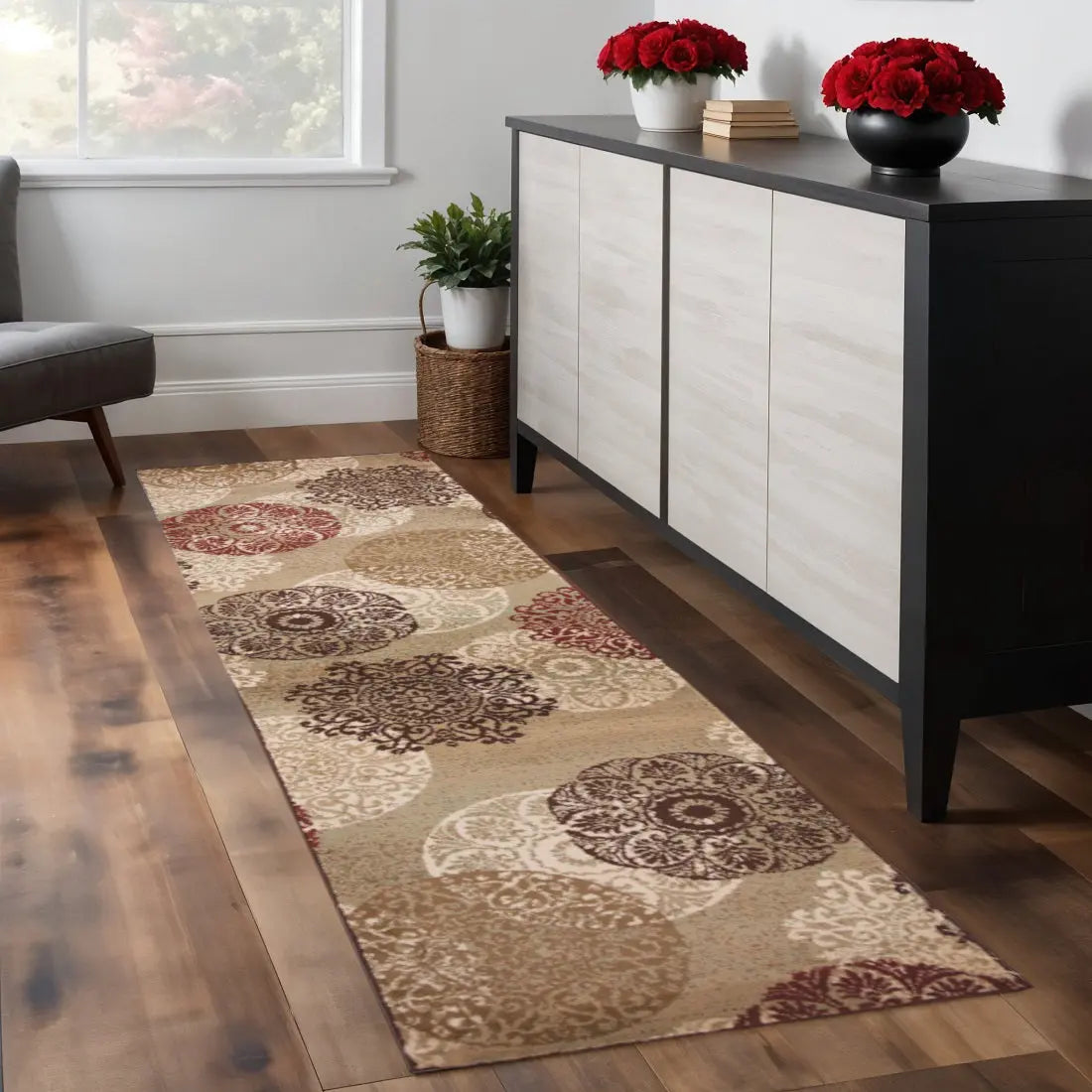 8' Sage Brown And Ivory Floral Medallion Runner Rug Homeroots Home Decor