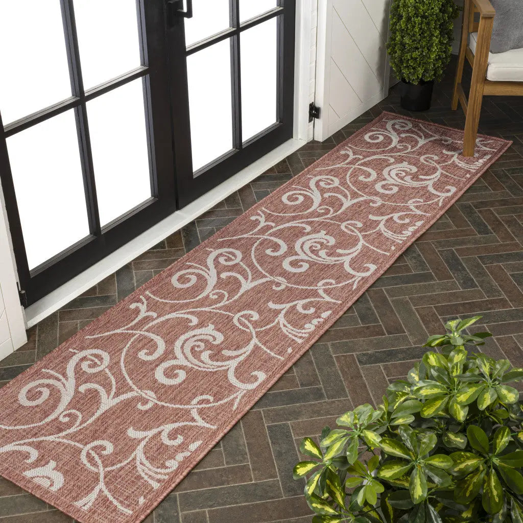 8' Salmon And Cream Floral Indoor Outdoor Runner Rug Homeroots Outdoor