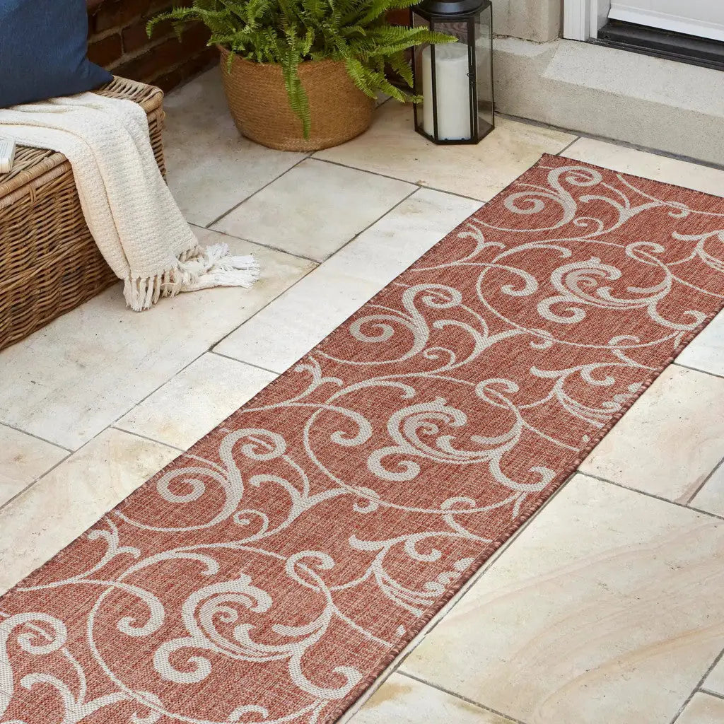 8' Salmon And Cream Floral Indoor Outdoor Runner Rug Homeroots Outdoor