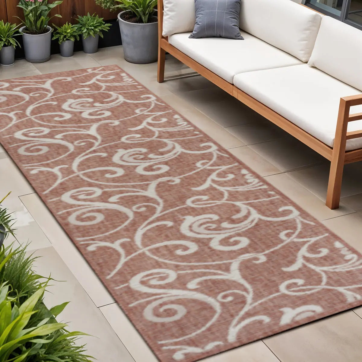 8' Salmon And Cream Floral Indoor Outdoor Runner Rug Homeroots Outdoor