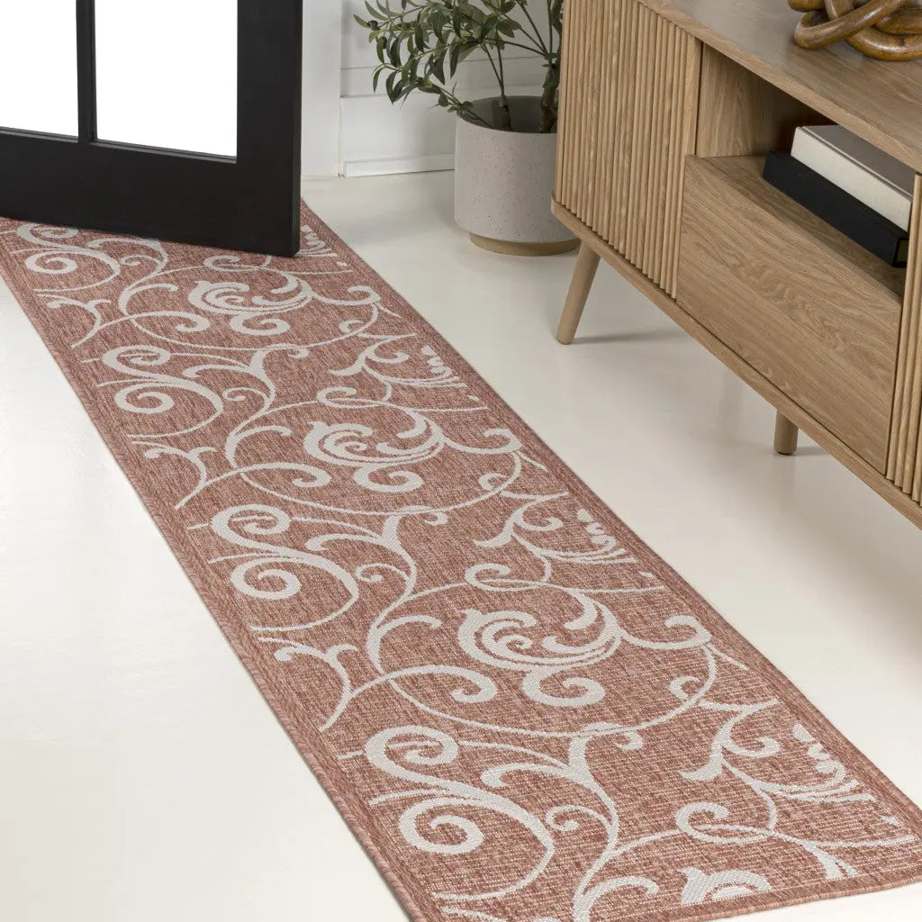 8' Salmon And Cream Floral Indoor Outdoor Runner Rug Homeroots Outdoor