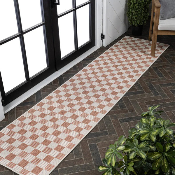 8' Salmon And Cream Geometric Indoor Outdoor Runner Rug Homeroots Outdoor