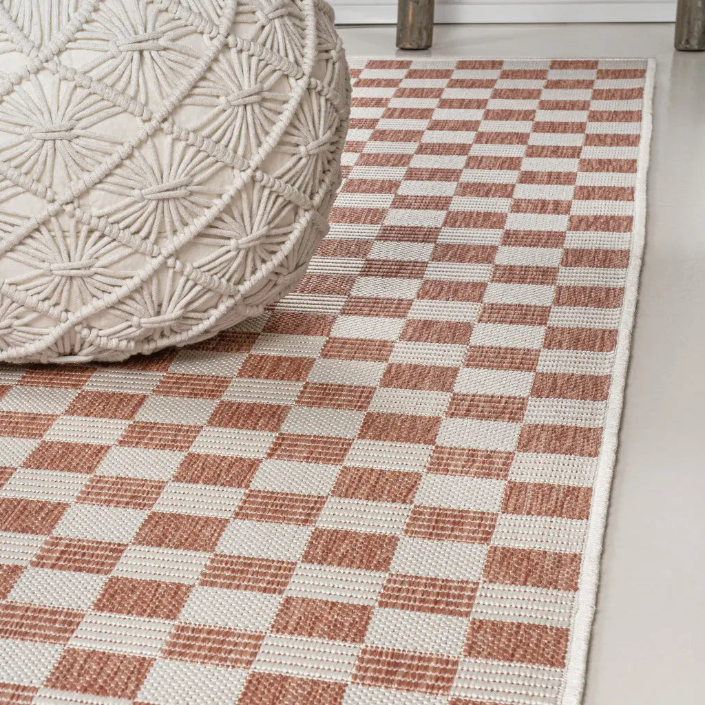 8' Salmon And Cream Geometric Indoor Outdoor Runner Rug Homeroots Outdoor