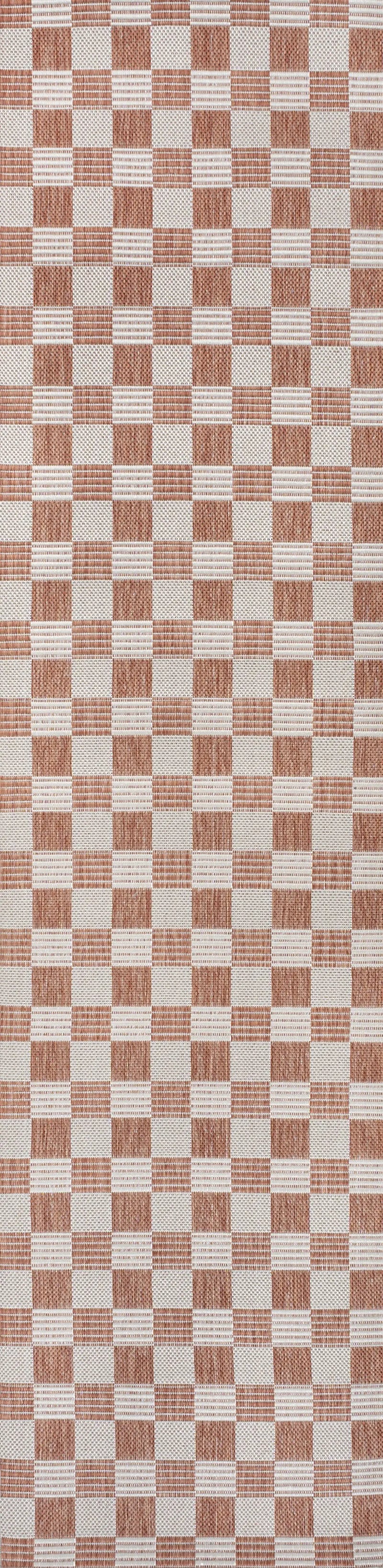 8' Salmon And Cream Geometric Indoor Outdoor Runner Rug Homeroots Outdoor