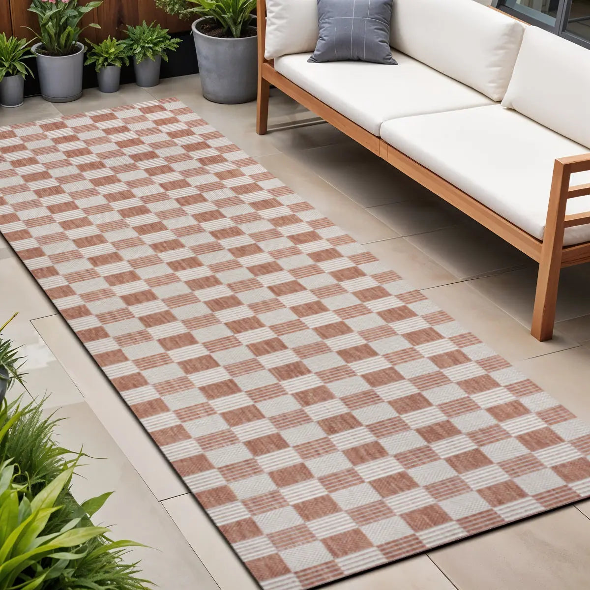 8' Salmon And Cream Geometric Indoor Outdoor Runner Rug Homeroots Outdoor