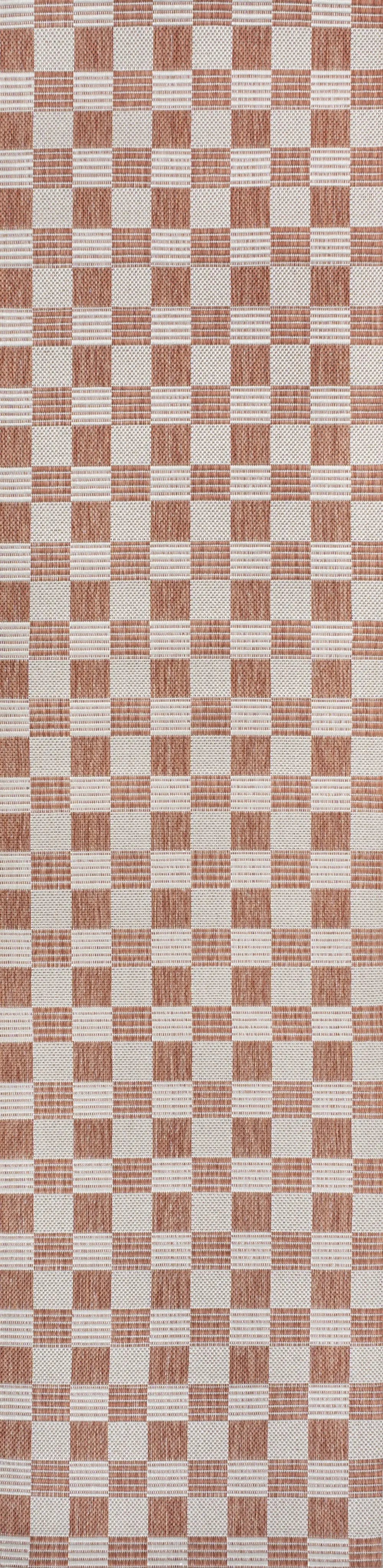 8' Salmon And Cream Geometric Indoor Outdoor Runner Rug Homeroots Outdoor