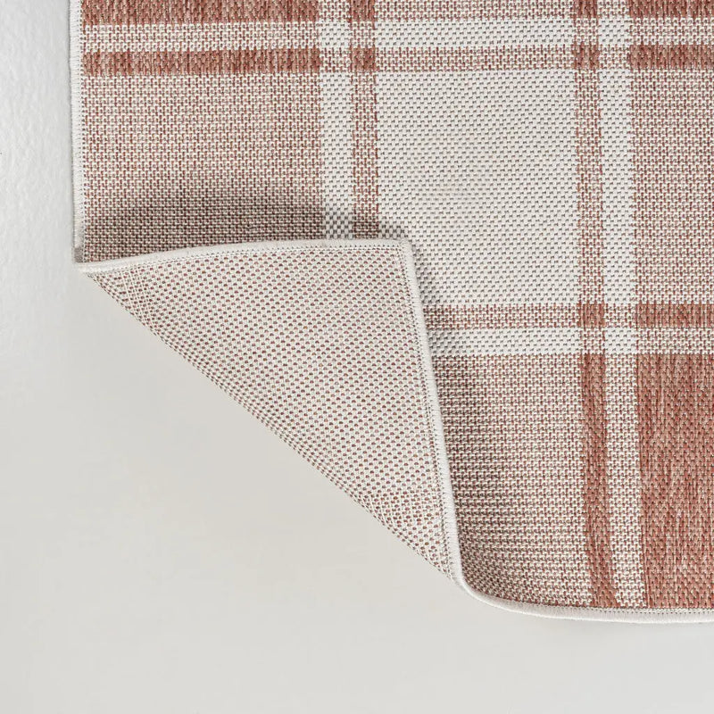 8' Salmon And Cream Gingham Indoor Outdoor Runner Rug Homeroots Outdoor