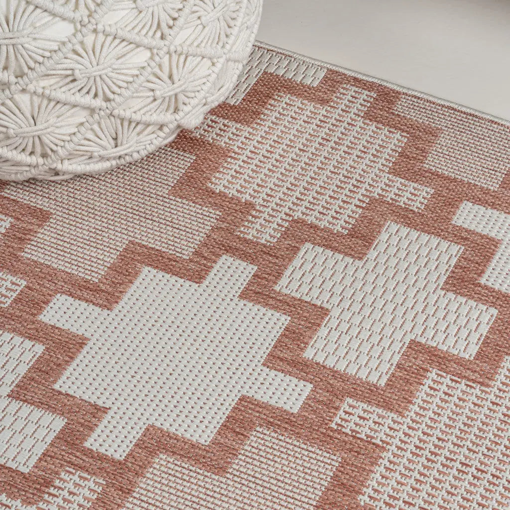 8' Salmon And Cream Trellis Indoor Outdoor Runner Rug Homeroots Outdoor