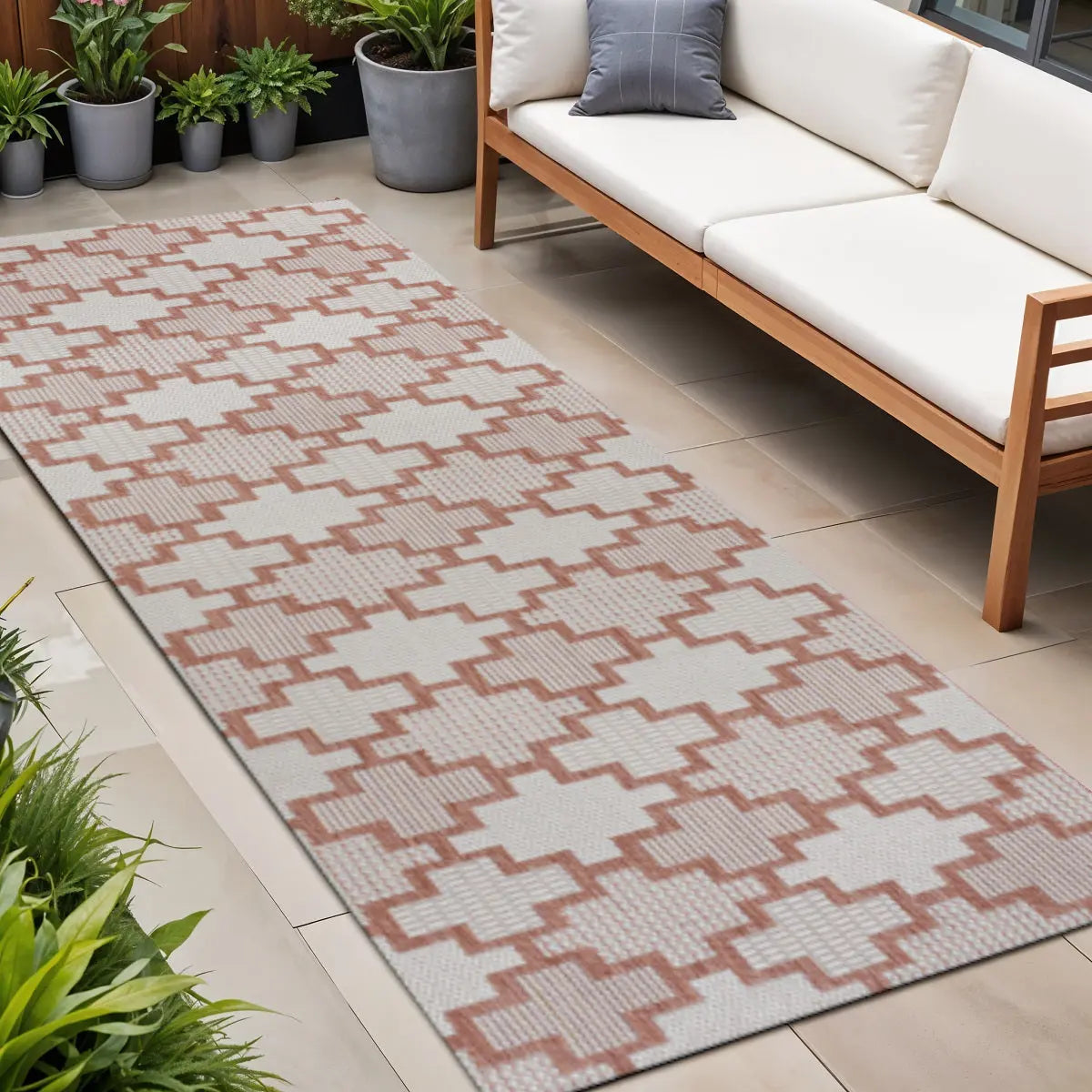8' Salmon And Cream Trellis Indoor Outdoor Runner Rug Homeroots Outdoor