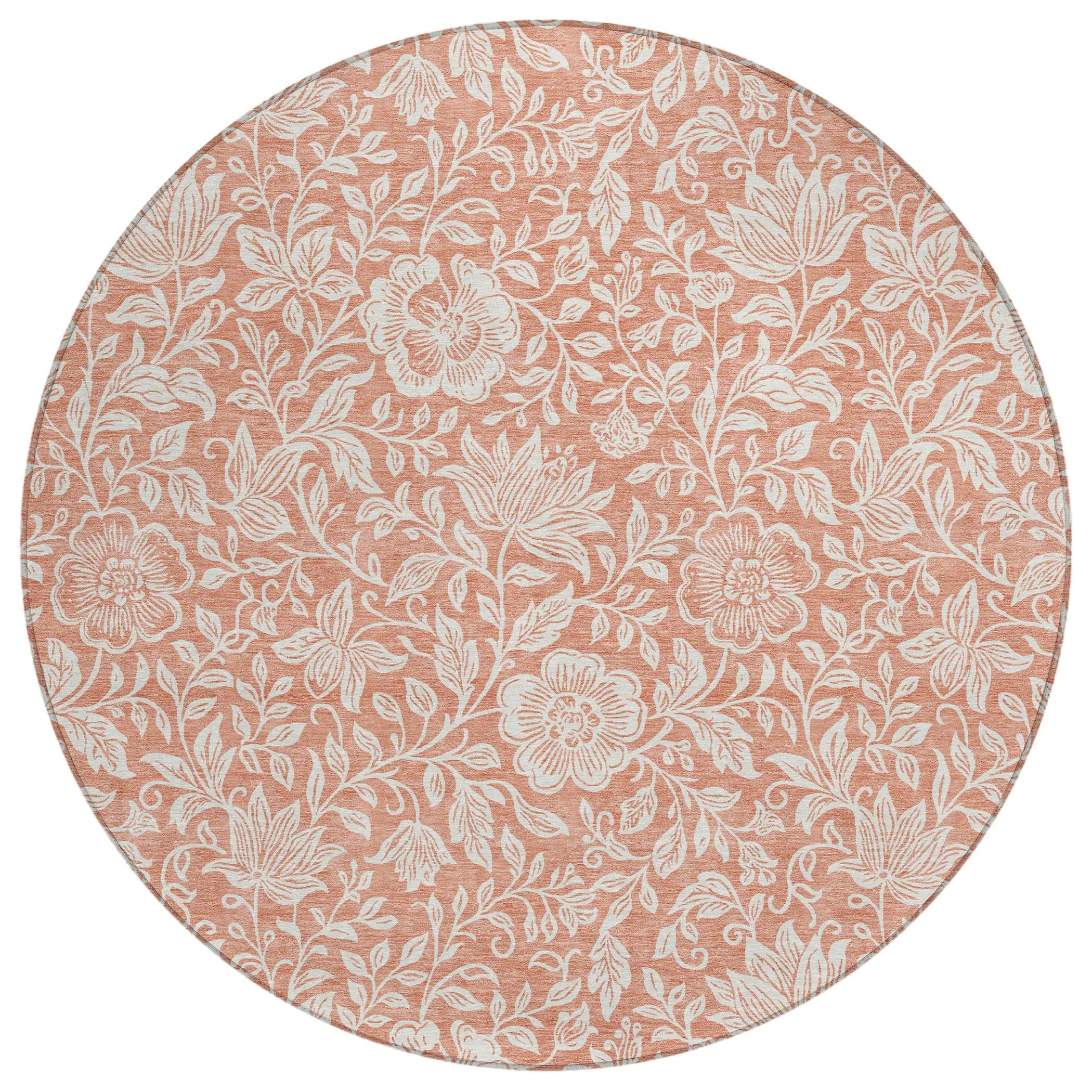 8' Salmon And Ivory Round Floral Washable Indoor Outdoor Area Rug Homeroots Outdoor