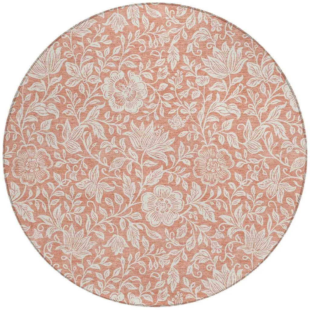 8' Salmon And Ivory Round Floral Washable Indoor Outdoor Area Rug Homeroots Outdoor