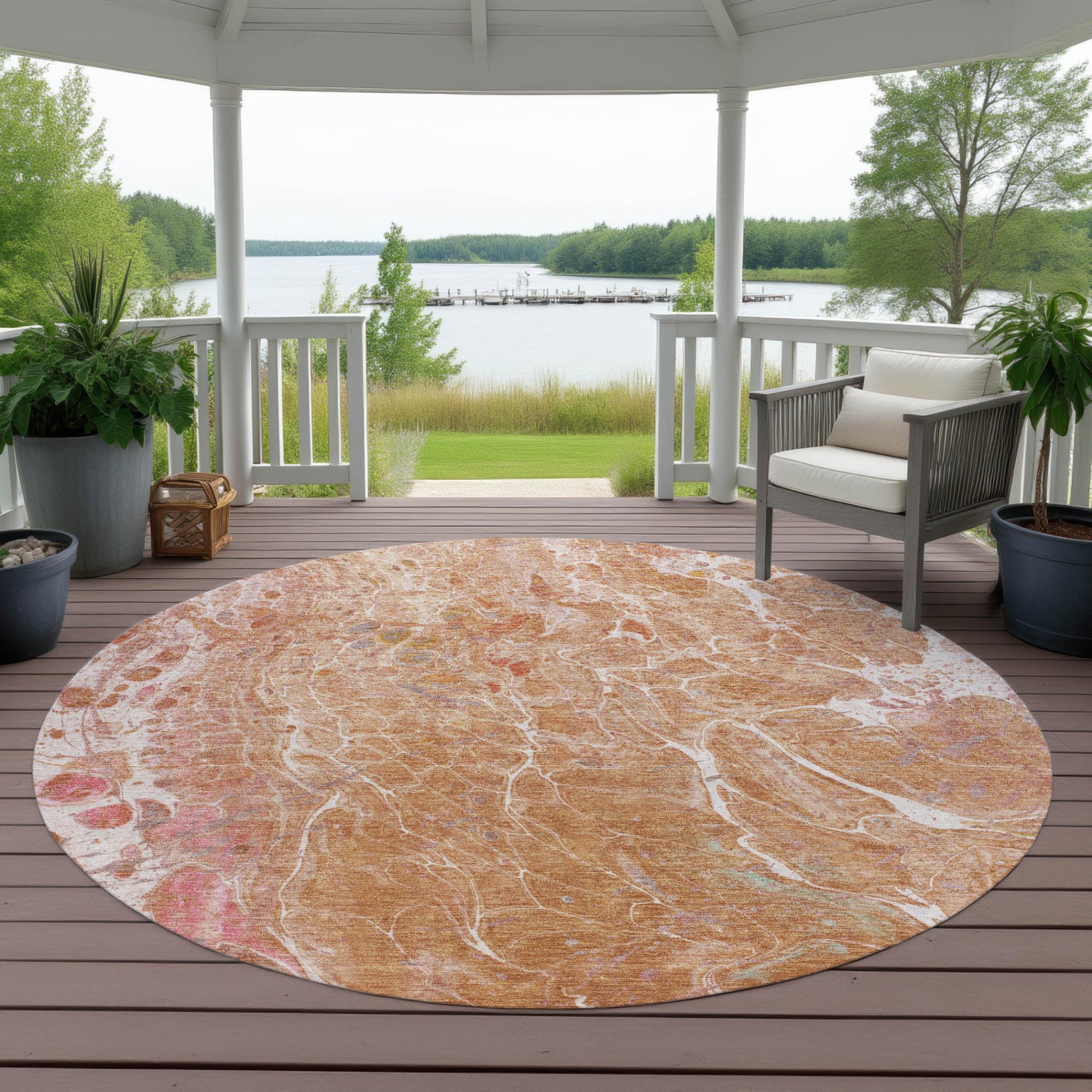 8' Salmon And Orange Round Abstract Washable Indoor Outdoor Area Rug Homeroots Outdoor