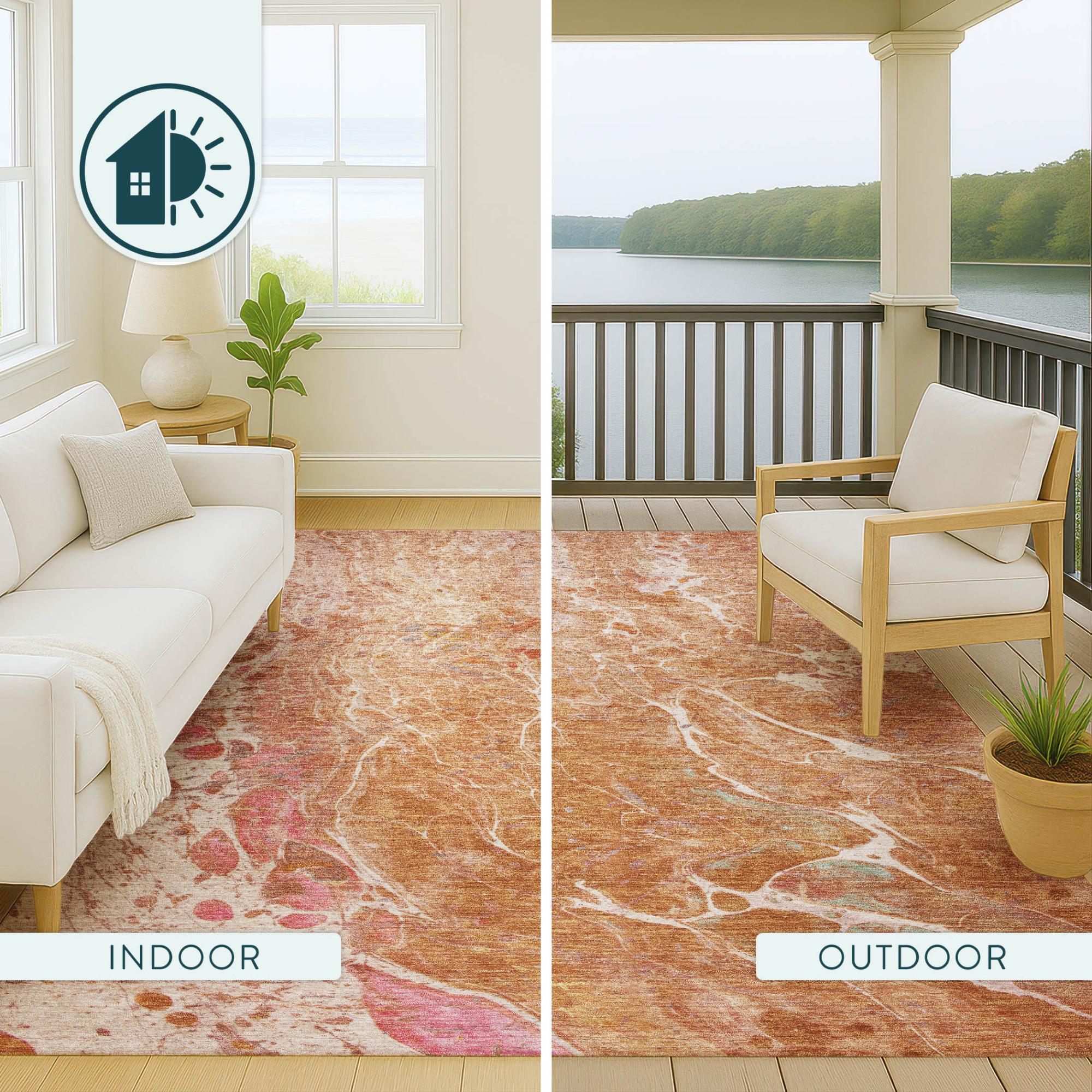 8' Salmon And Orange Round Abstract Washable Indoor Outdoor Area Rug Homeroots Outdoor