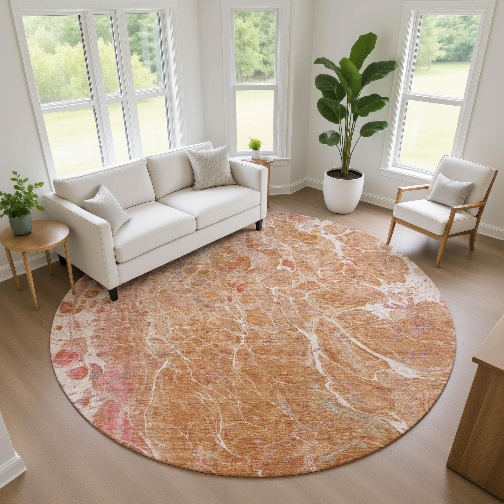 8' Salmon And Orange Round Abstract Washable Indoor Outdoor Area Rug Homeroots Outdoor