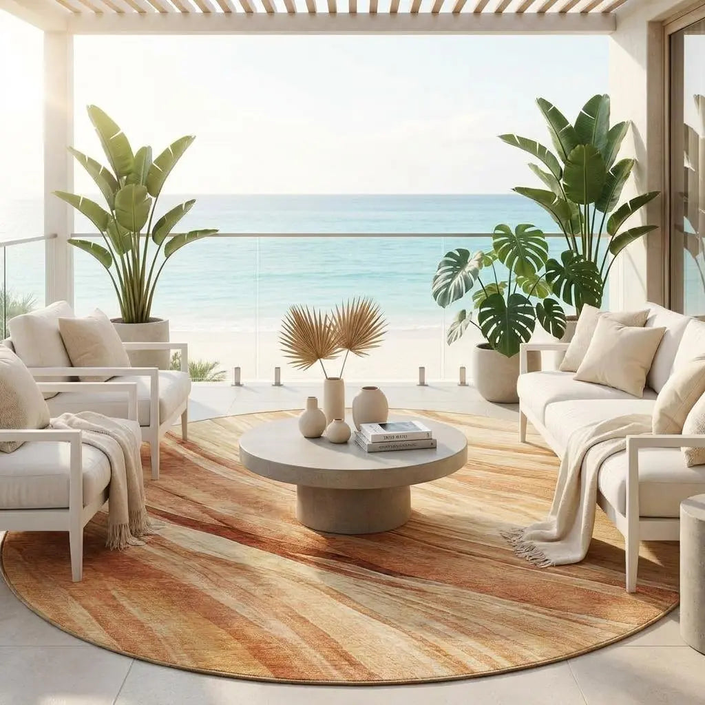 8' Salmon And Orange Round Abstract Washable Indoor Outdoor Area Rug Homeroots Outdoor