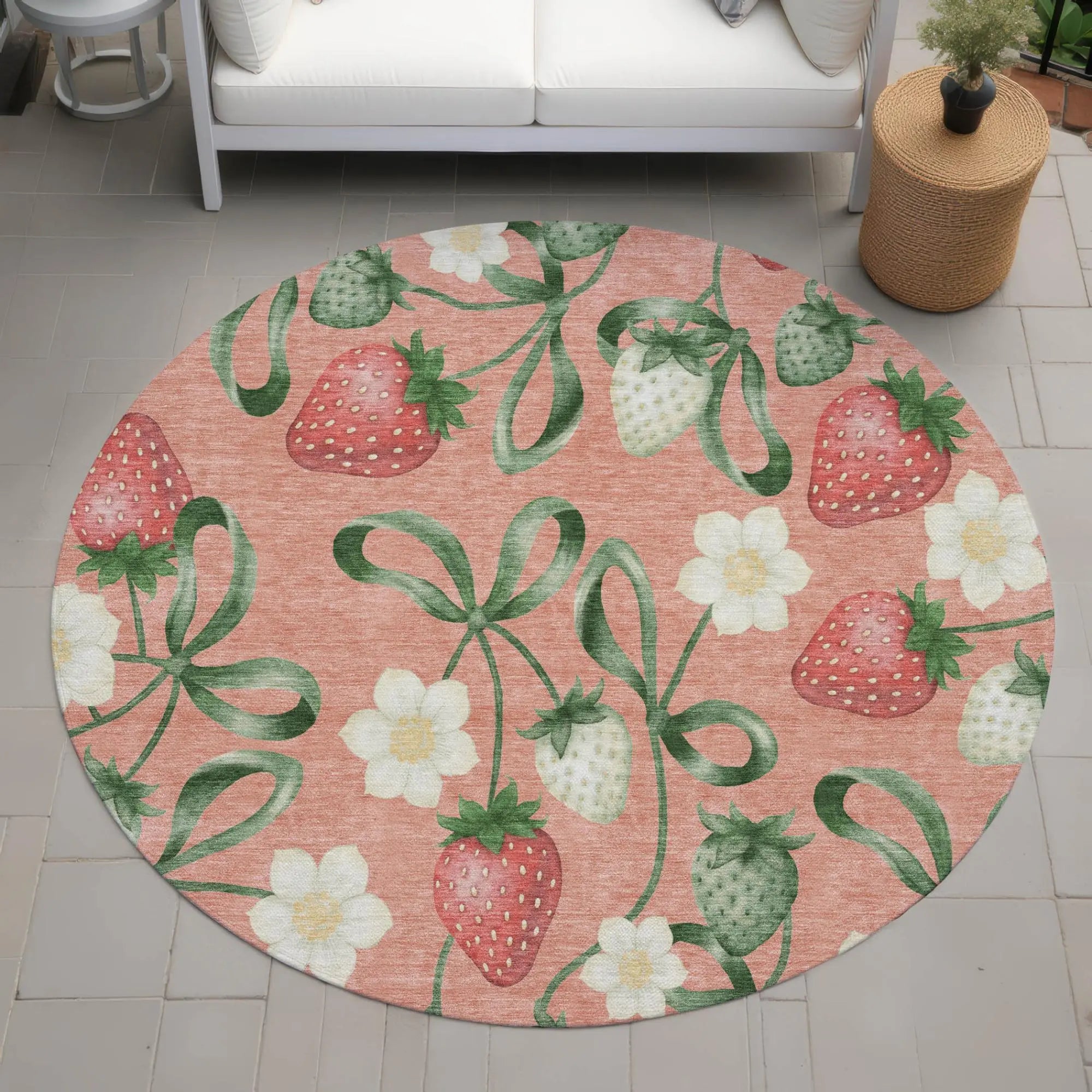 8' Salmon And Orange Round Floral Washable Indoor Outdoor Area Rug Homeroots Outdoor
