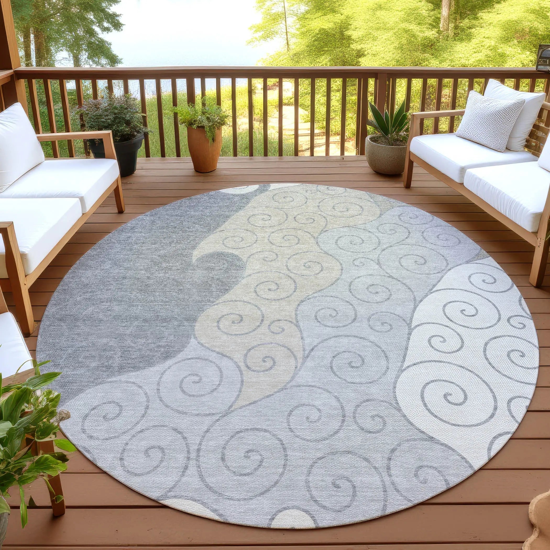 8' Silver And Beige Round Abstract Washable Indoor Outdoor Area Rug Homeroots Outdoor