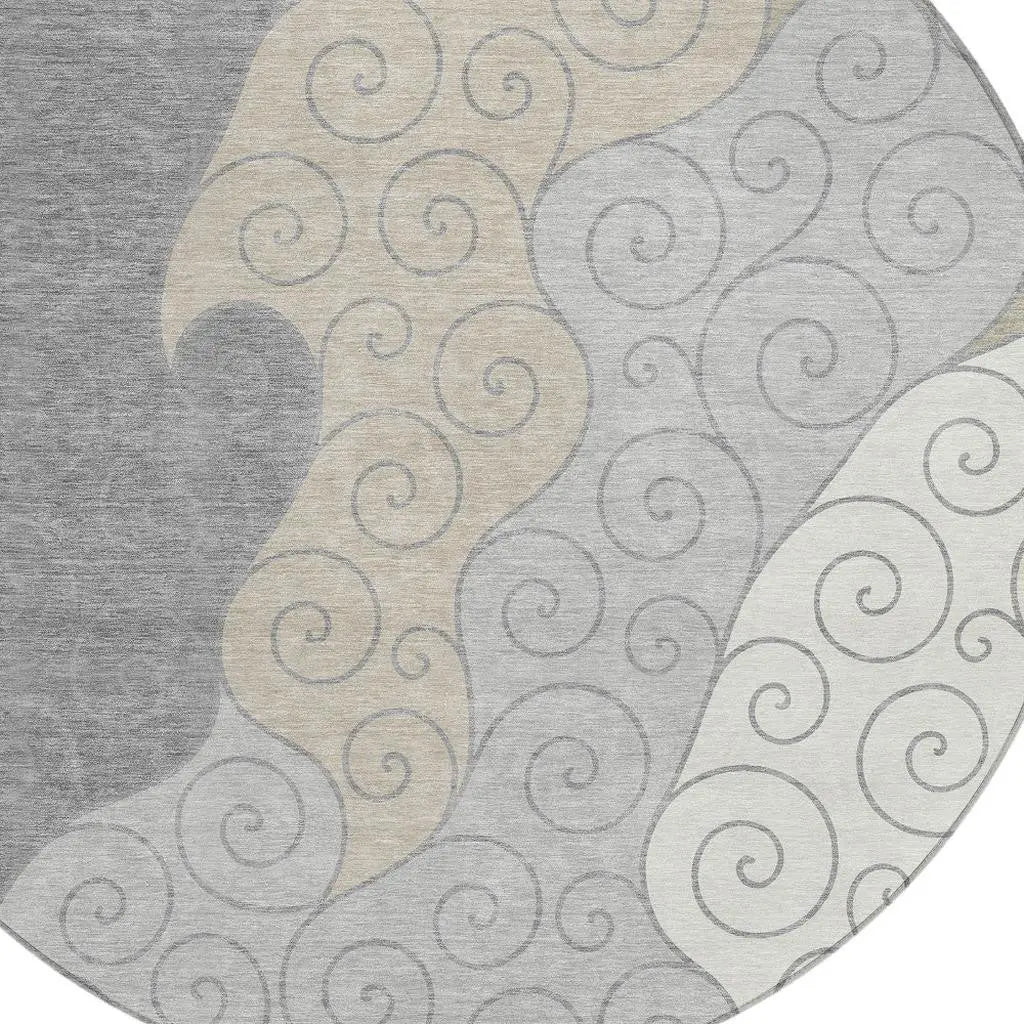 8' Silver And Beige Round Abstract Washable Indoor Outdoor Area Rug Homeroots Outdoor