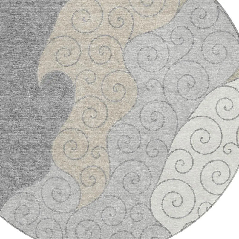 8' Silver And Beige Round Abstract Washable Indoor Outdoor Area Rug Homeroots Outdoor