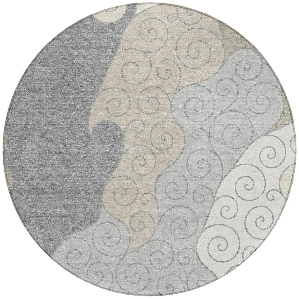 8' Silver And Beige Round Abstract Washable Indoor Outdoor Area Rug Homeroots Outdoor