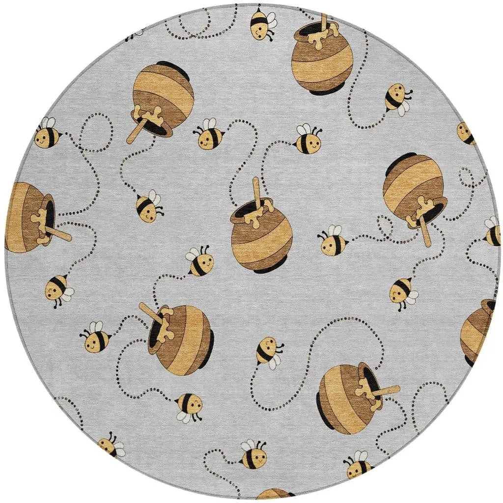 8' Silver And Beige Round Geometric Washable Indoor Outdoor Area Rug Homeroots Outdoor