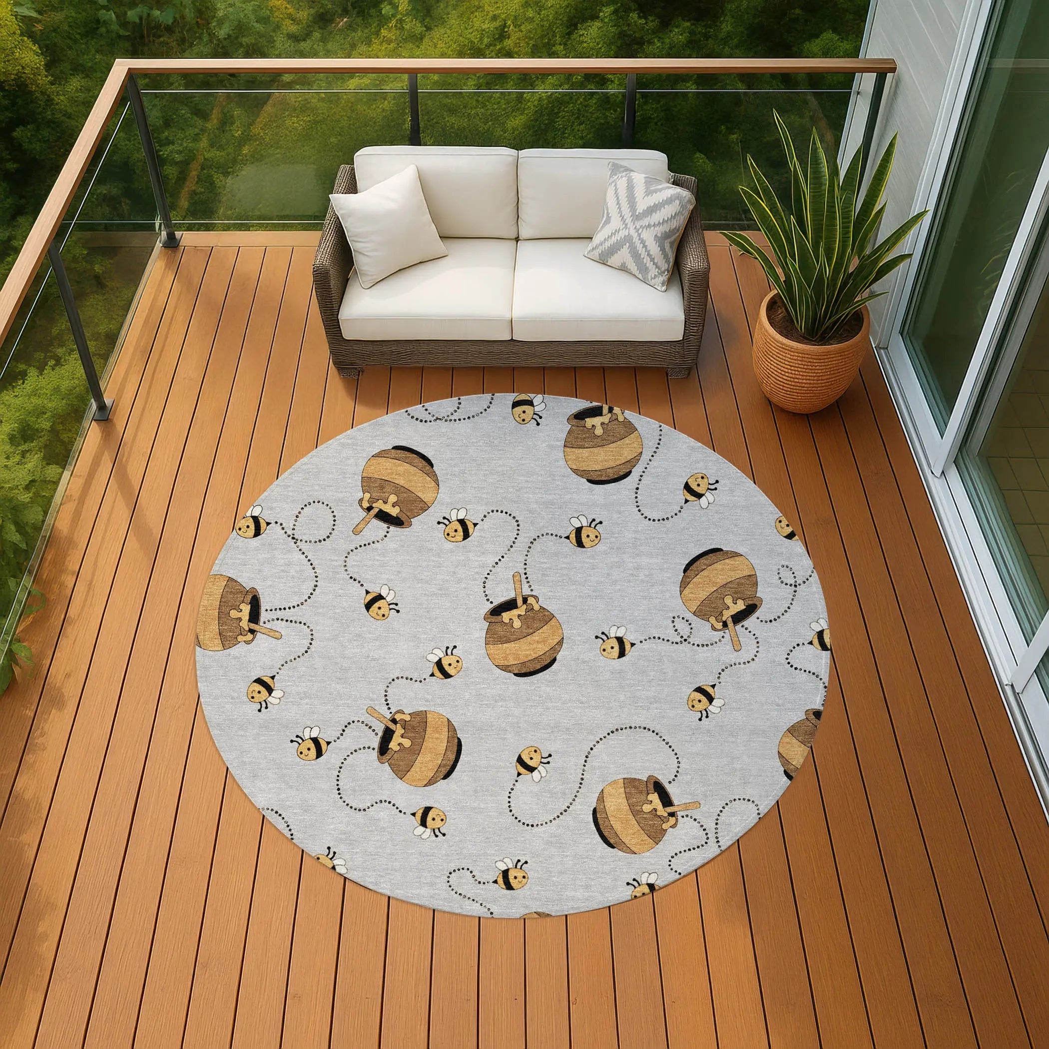 8' Silver And Beige Round Geometric Washable Indoor Outdoor Area Rug Homeroots Outdoor