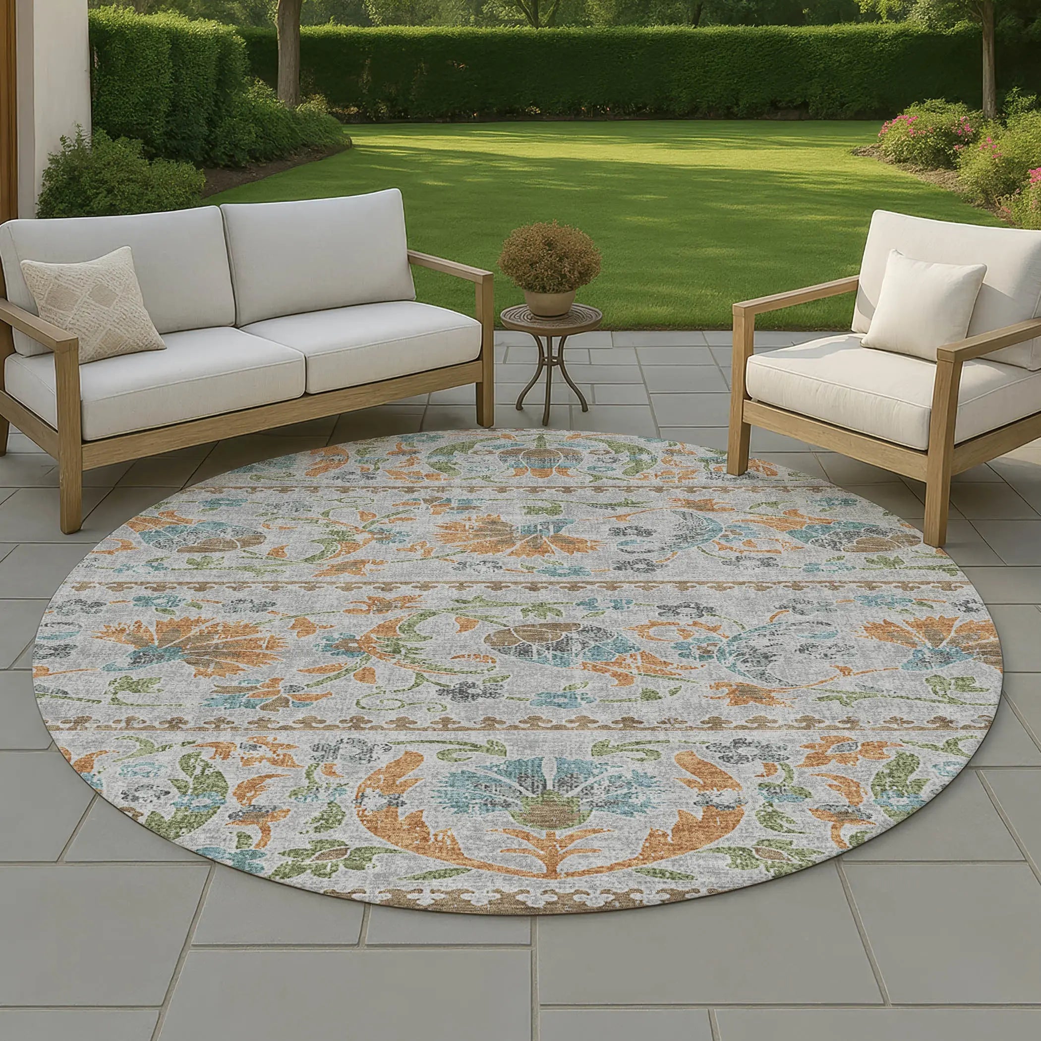 8' Silver And Brown Round Floral Washable Indoor Outdoor Area Rug Homeroots Outdoor