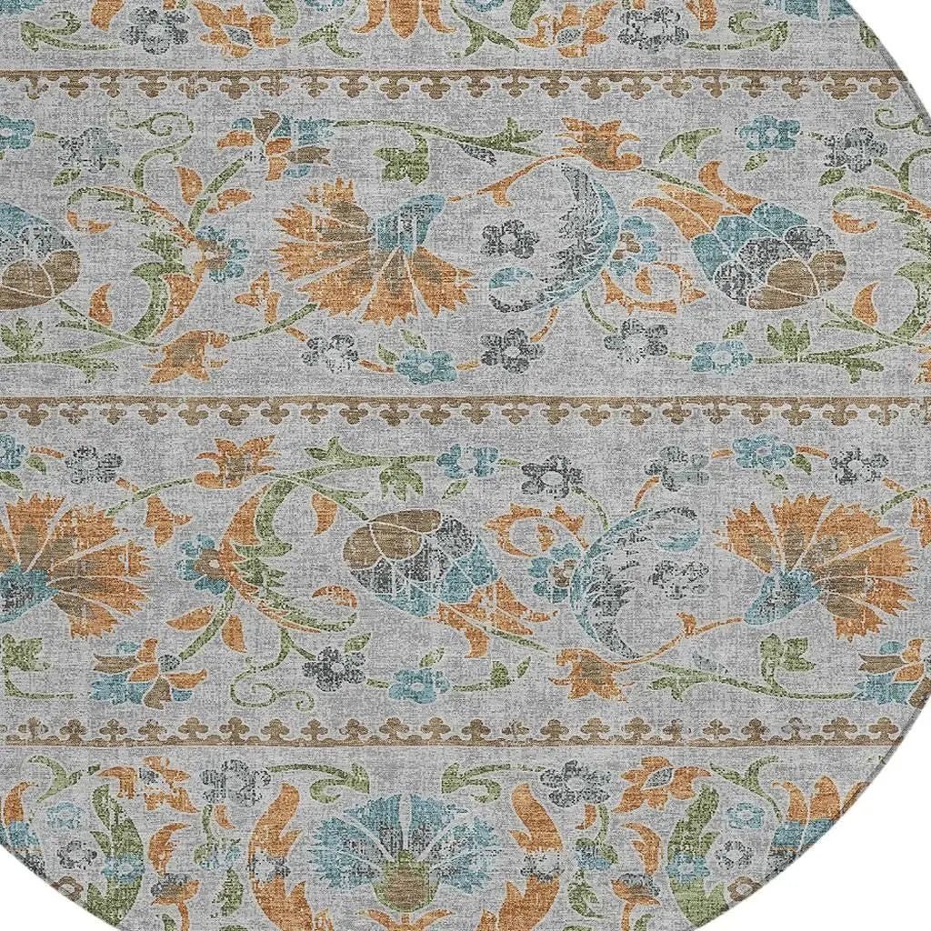 8' Silver And Brown Round Floral Washable Indoor Outdoor Area Rug Homeroots Outdoor