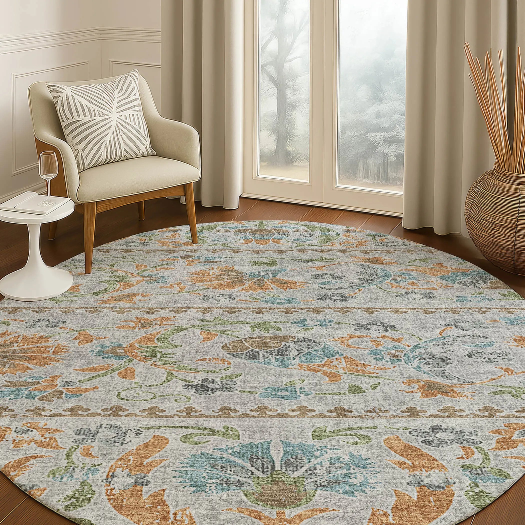 8' Silver And Brown Round Floral Washable Indoor Outdoor Area Rug Homeroots Outdoor