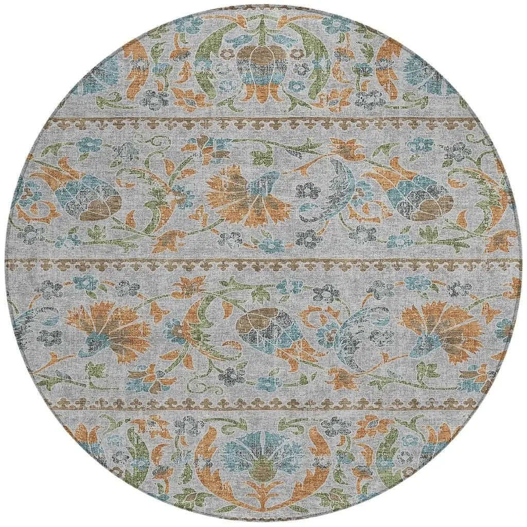 8' Silver And Brown Round Floral Washable Indoor Outdoor Area Rug Homeroots Outdoor