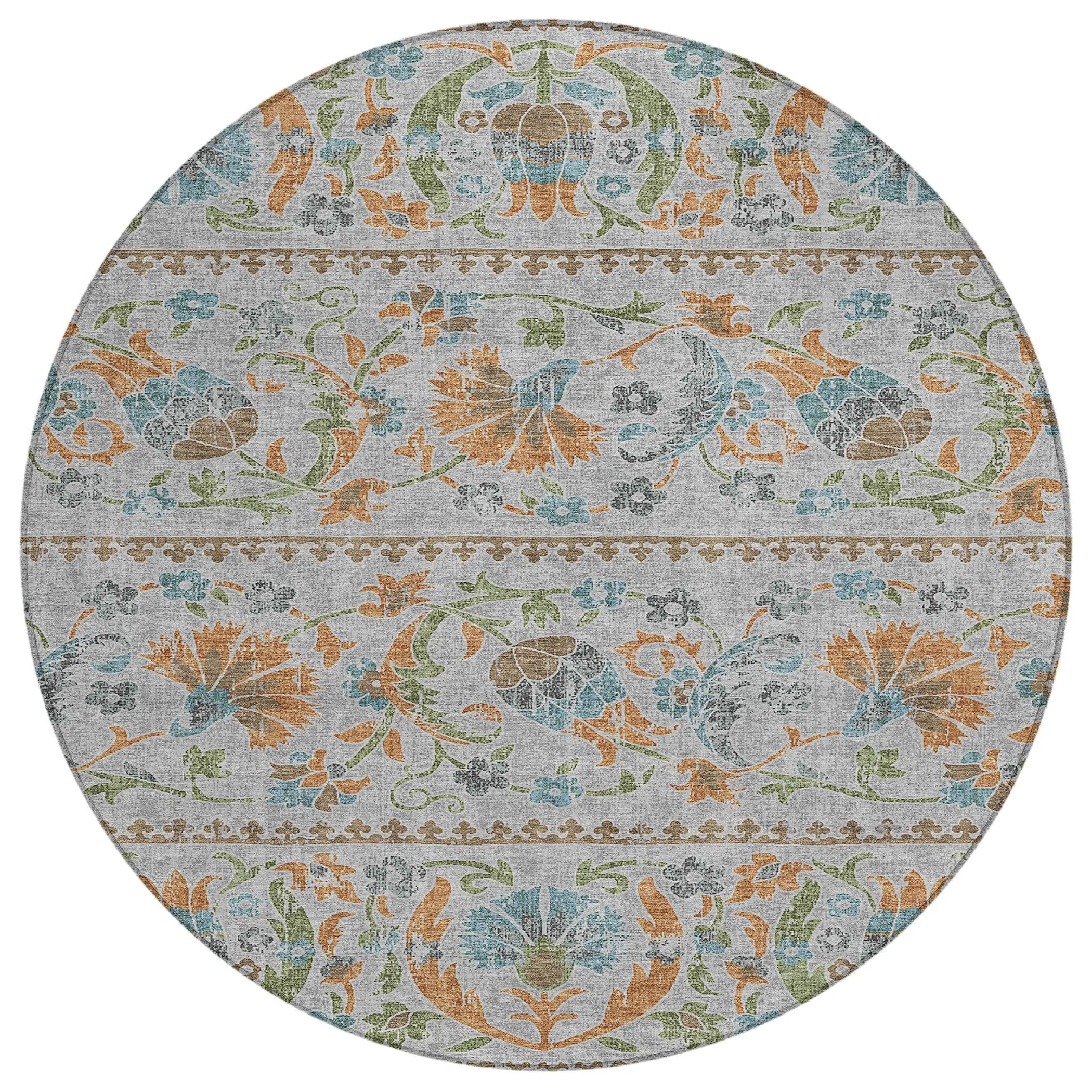 8' Silver And Brown Round Floral Washable Indoor Outdoor Area Rug Homeroots Outdoor