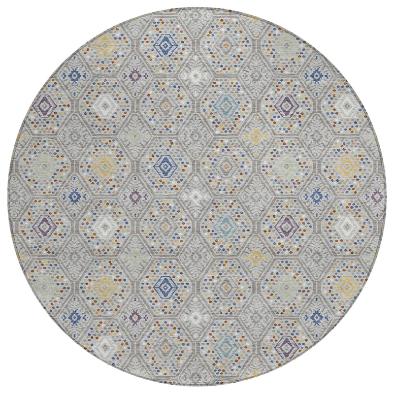 8' Silver And Brown Round Geometric Washable Indoor Outdoor Area Rug Homeroots Outdoor